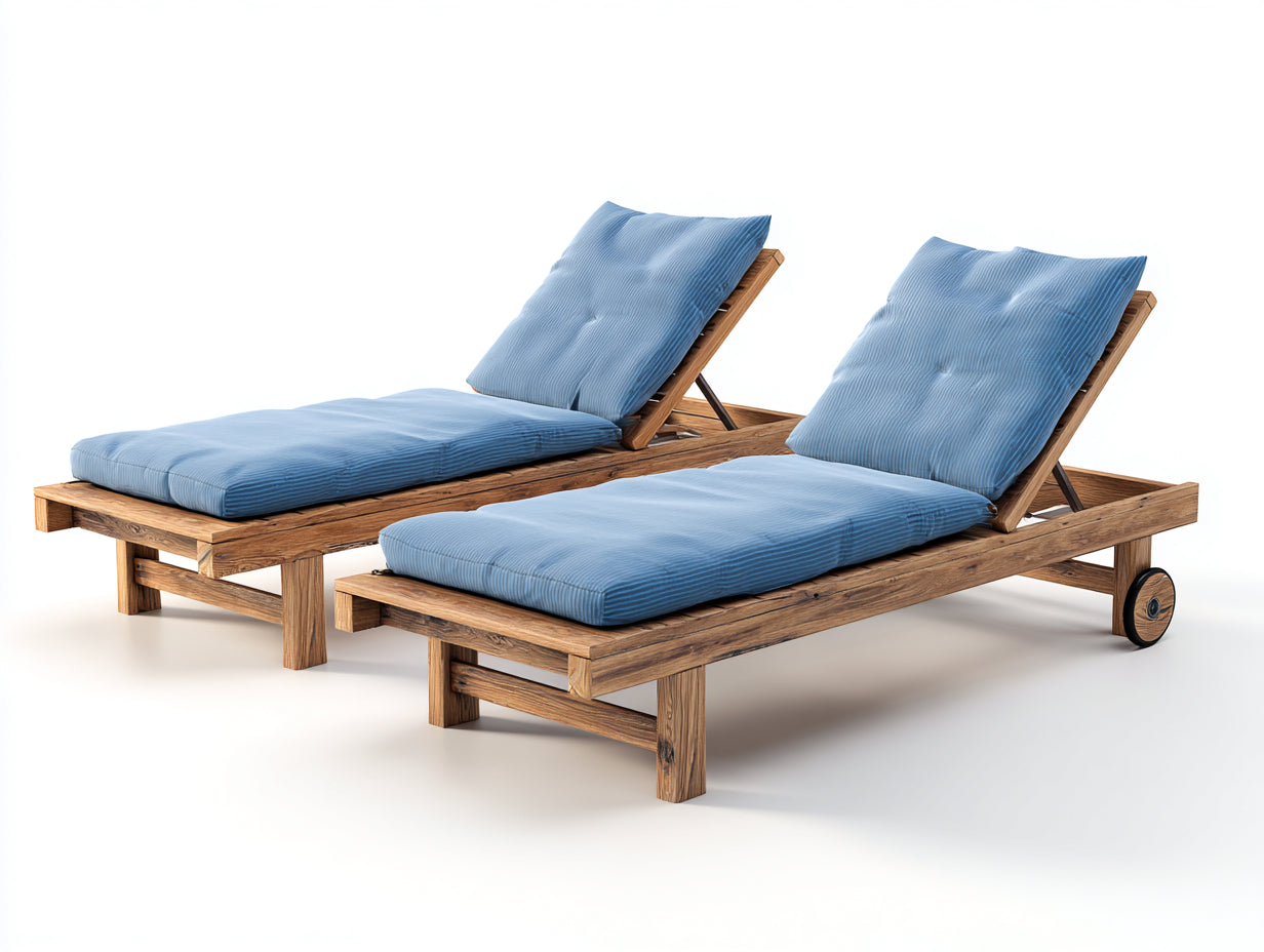 Juego de 2 tumbonas de madera con respaldo regulable 200 x 72 x 92 cm - natural y azul - diseño con ruedas para jardín y terraza