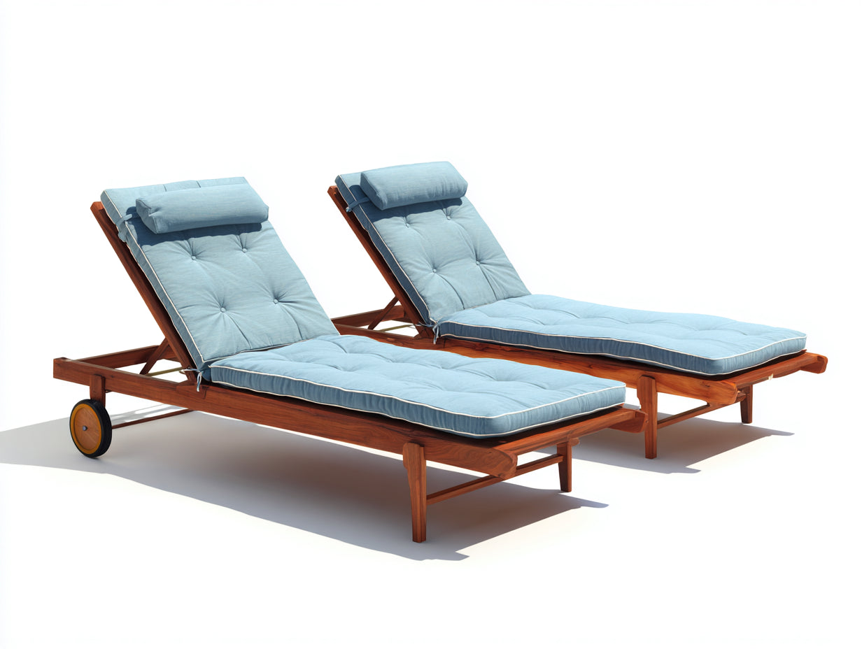 Tumbonas de madera 200 x 70 x 82 cm - marrón y azul claro - conjunto de dos unidades con ruedas y respaldo ajustable para terraza