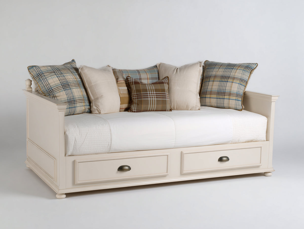 Sofá cama individual de madera con 2 cajones 205 x 100 x 92 cm - blanco roto - diseño clásico para dormitorio y habitación de invitados