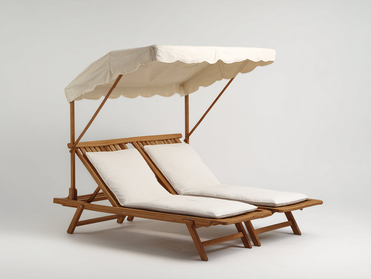 Tumbonas dobles de madera 200 x 160 x 205 cm - natural y crema - con toldo y respaldos reclinables