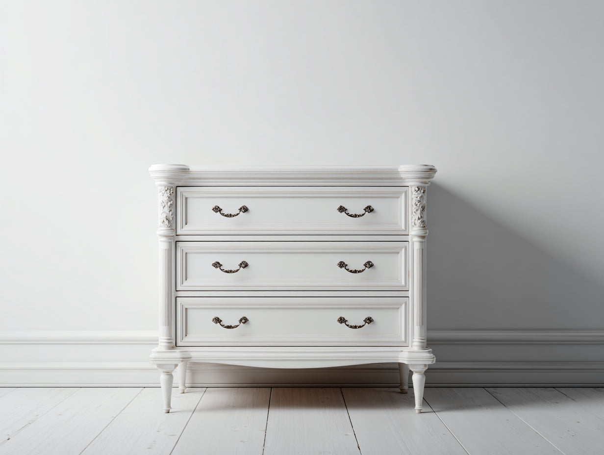 Cómodas de madera 100 x 45 x 90 cm - blanco y bronce - tres cajones con diseño clásico para dormitorio