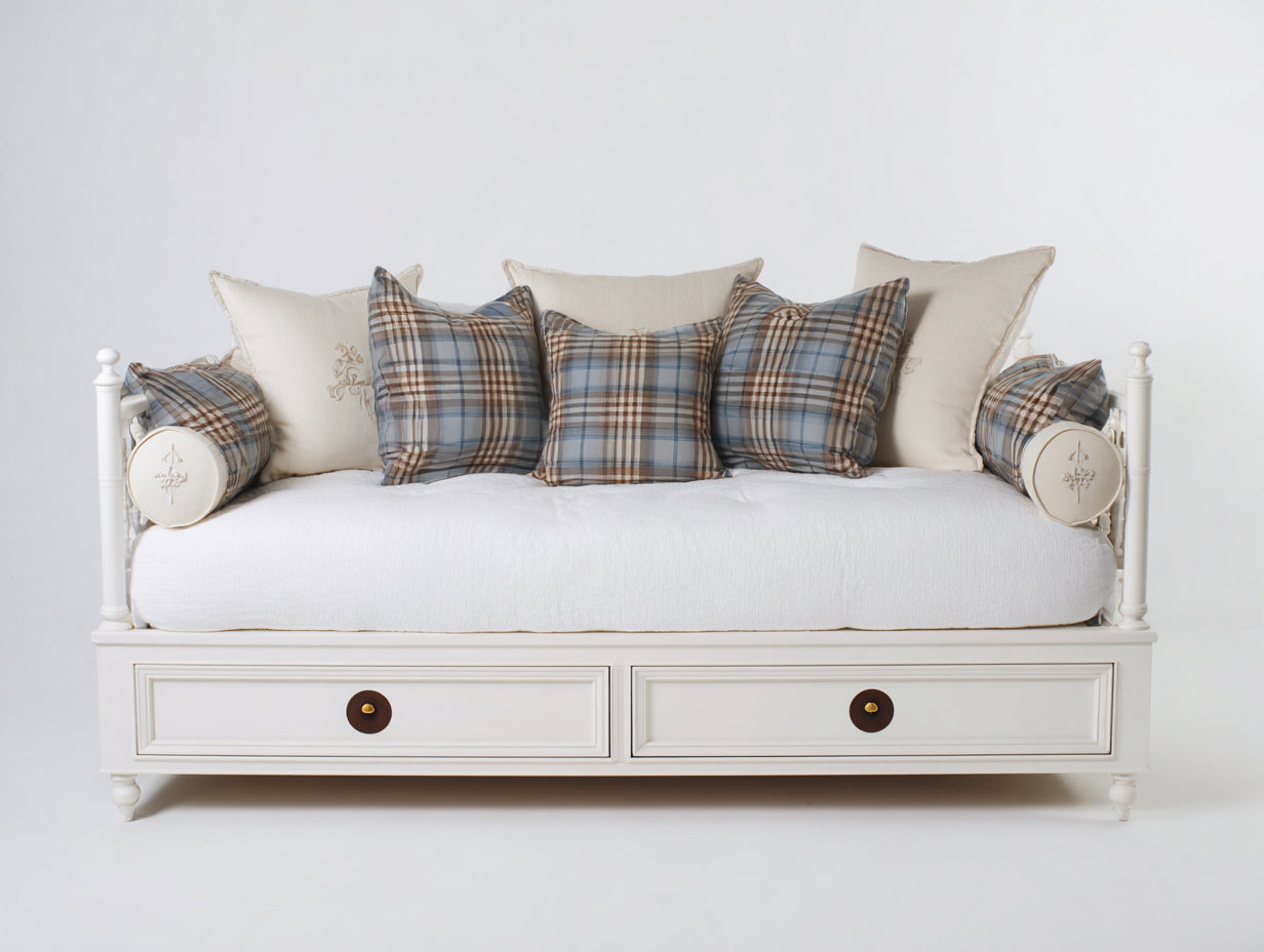 Sofá cama individual de madera con 2 cajones 205 x 100 x 95 cm - blanco - diseño clásico con detalles ornamentales para dormitorio y habitación de invitados