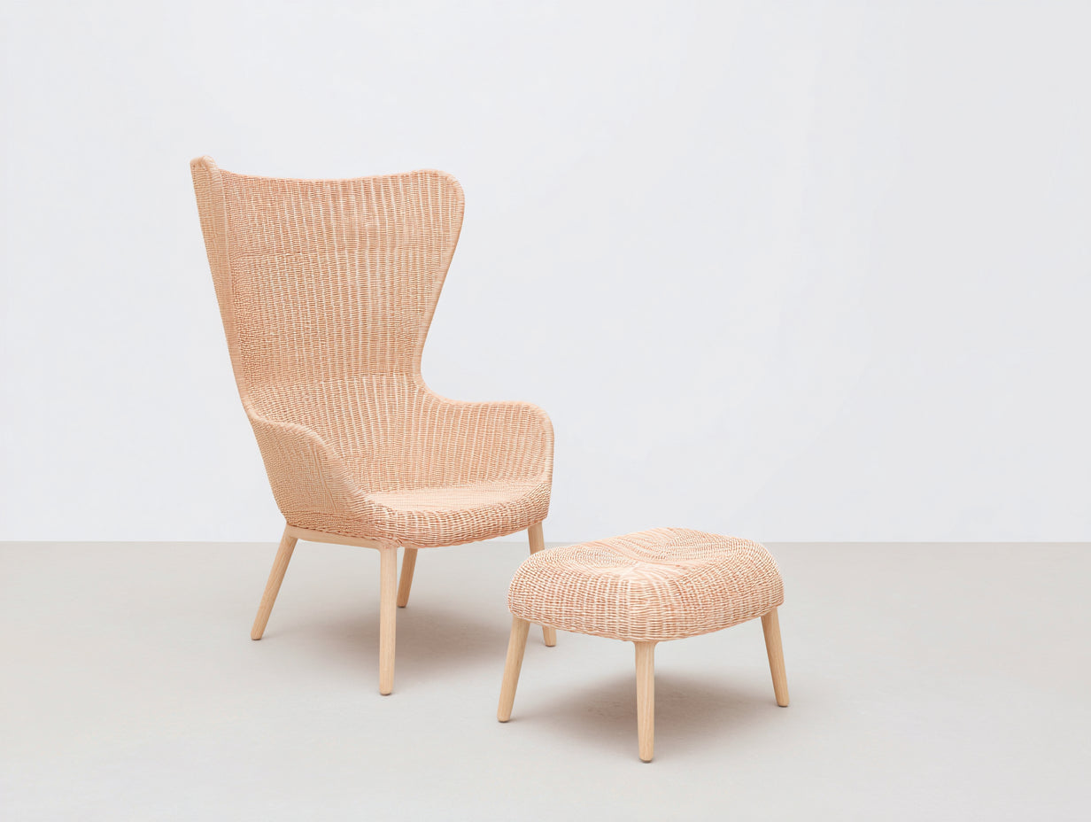 Sillón de ratán con reposapiés 78 x 82 x 112 cm - natural - respaldo alto envolvente para salón y terraza cubierta
