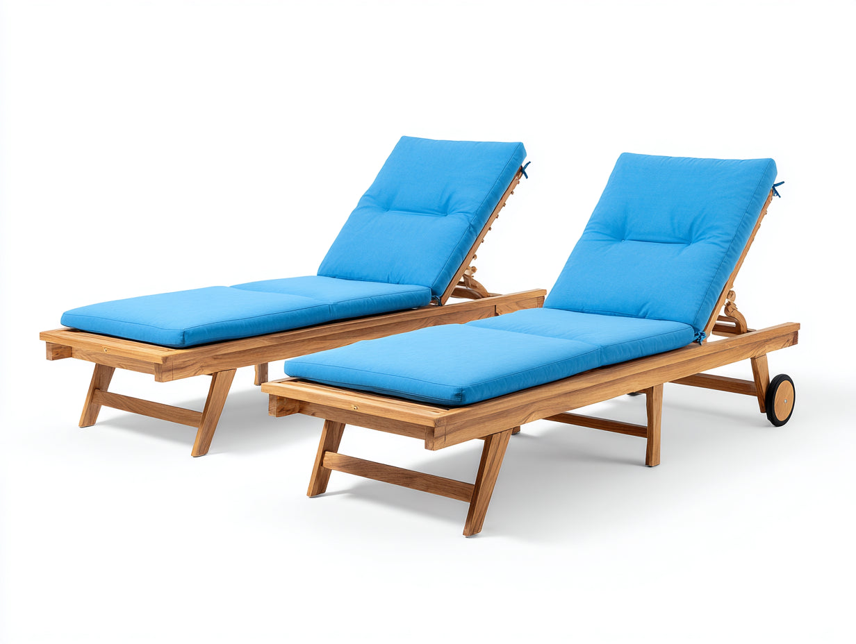 Tumbonas de madera 200 x 70 x 95 cm - Marrón y azul - Juego de 2 con respaldo regulable