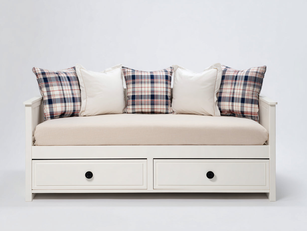 Sofá cama individual de madera con 2 cajones 200 x 95 x 90 cm - blanco y beige - diseño moderno para dormitorio y habitación de invitados