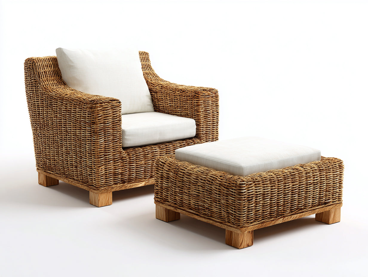 Sillones de ratán 82 x 88 x 92 cm - Marrón y blanco - Con reposapiés acolchado - Estilo rústico