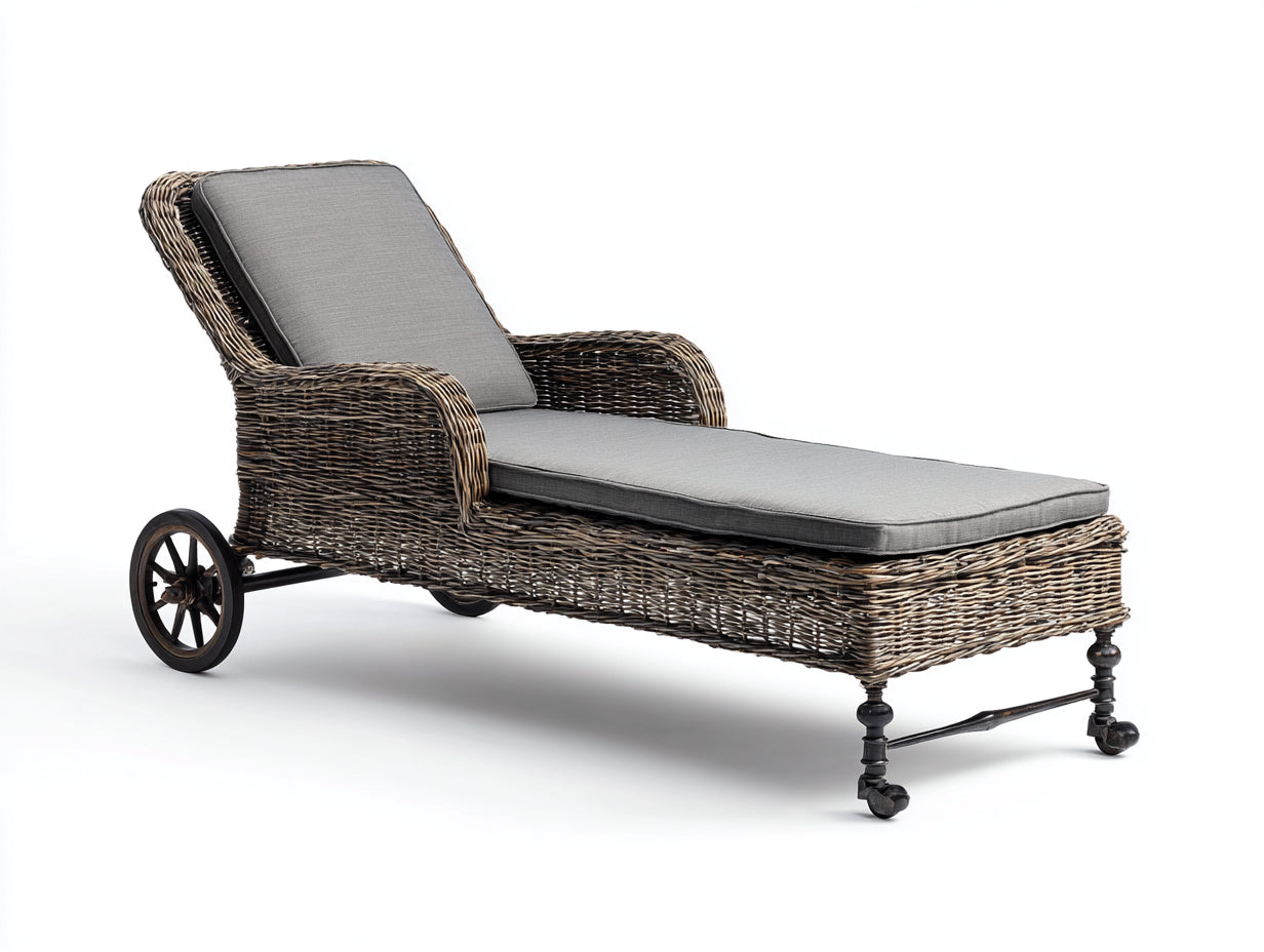 Tumbonas de ratán tapizadas 205 x 78 x 92 cm - natural y gris - respaldo inclinado con ruedas