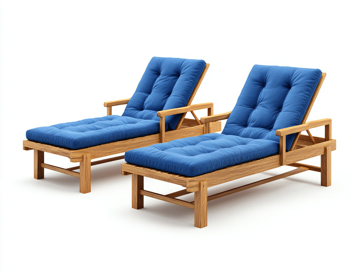 Tumbonas de madera 200 x 72 x 90 cm - marrón y azul - conjunto de dos unidades con respaldo ajustable y reposabrazos para terraza