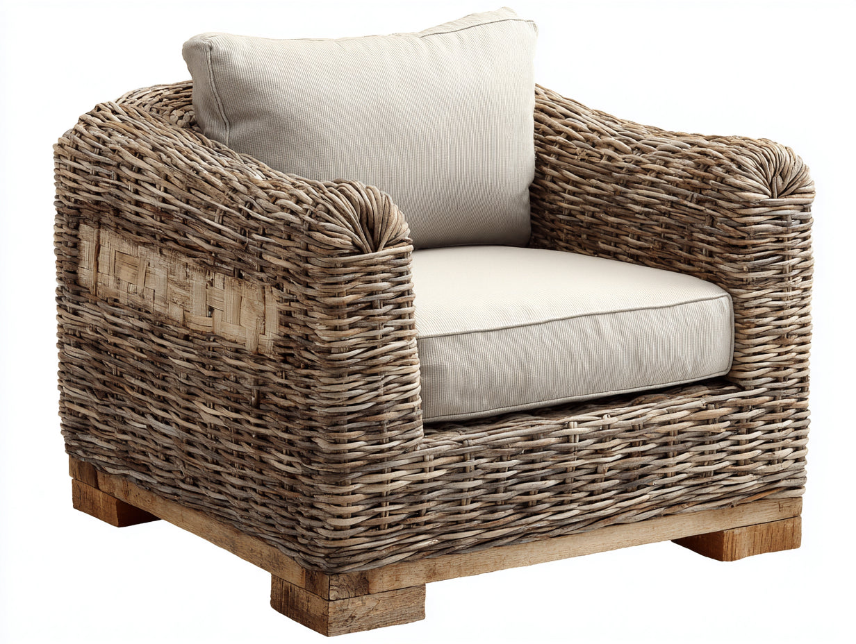 Sillones de ratán 90 x 88 x 82 cm - marrón natural y beige - con asiento acolchado y estilo rústico para salón