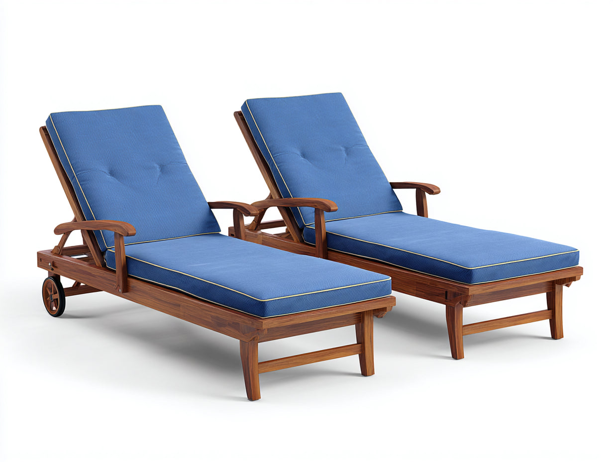 Tumbonas de madera 202 x 72 x 96 cm - Marrón y azul - Juego de 2 con respaldo reclinable y ruedas - Diseño clásico