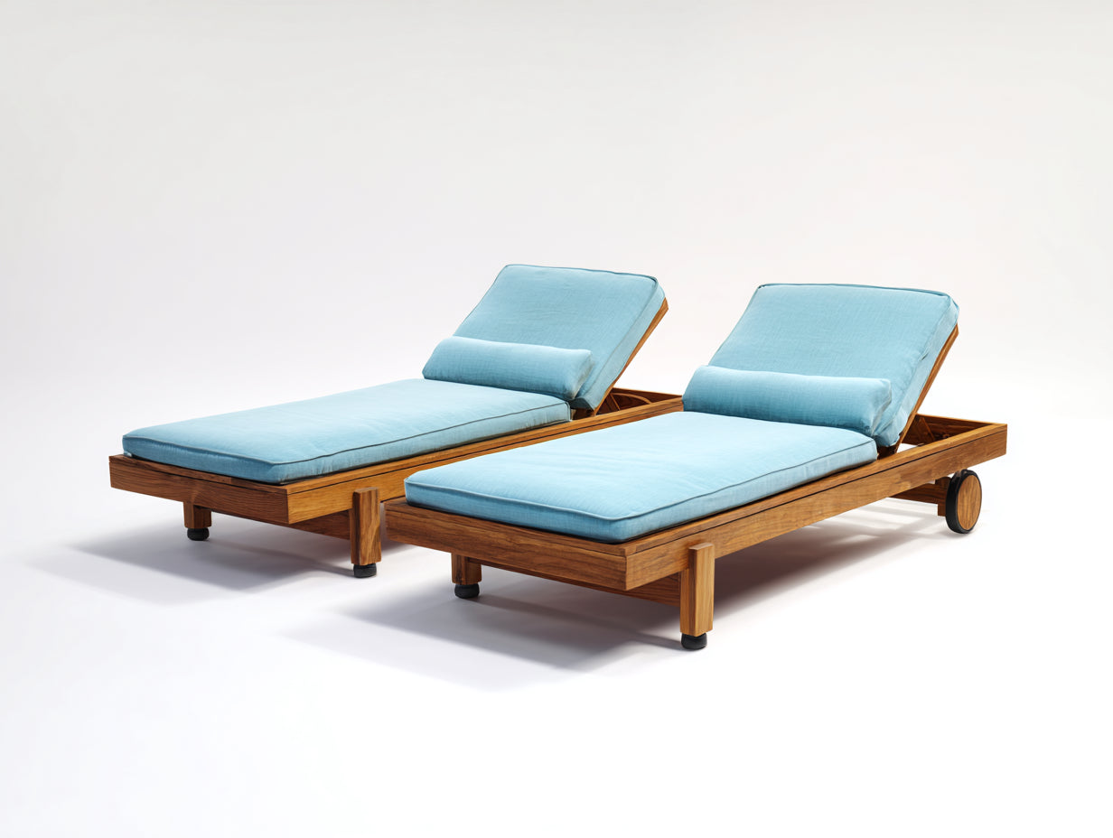 Juego de 2 tumbonas de madera con respaldo regulable 200 x 72 x 88 cm - natural y azul claro - diseño con ruedas para jardín y terraza