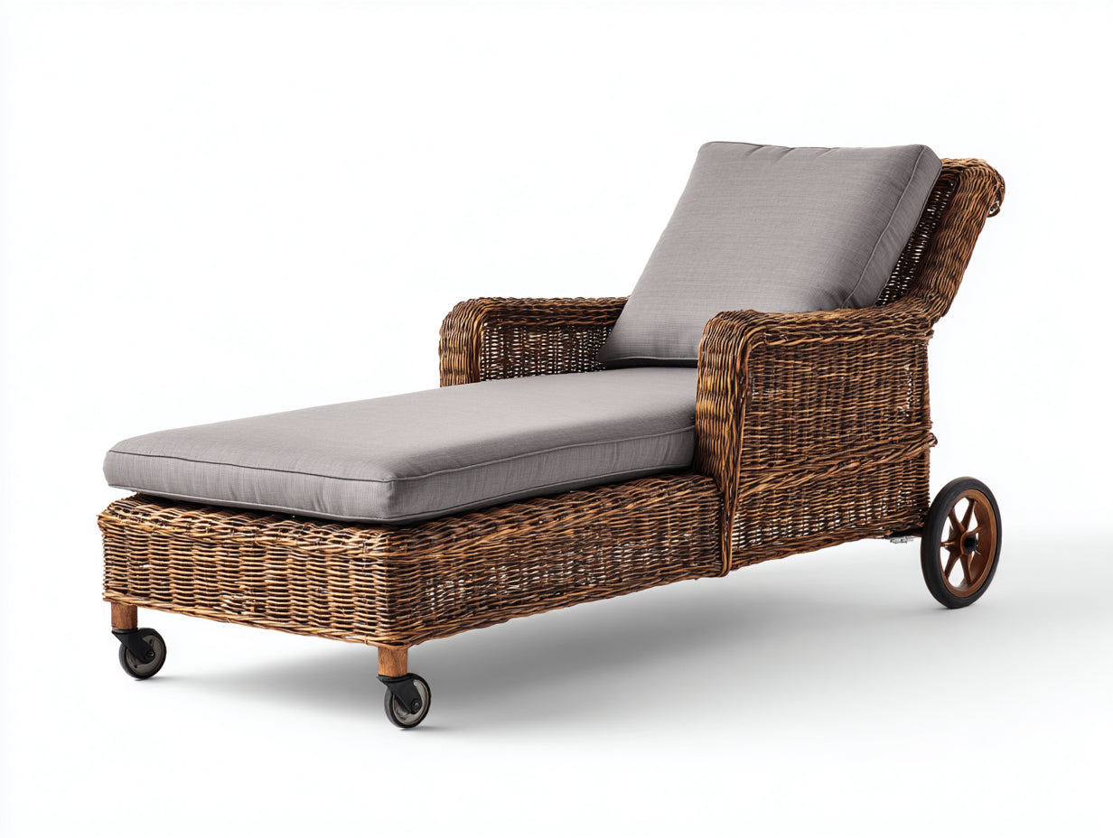 Tumbonas de ratán trenzado 185 x 75 x 92 cm - Marrón y gris - Respaldo inclinado con ruedas