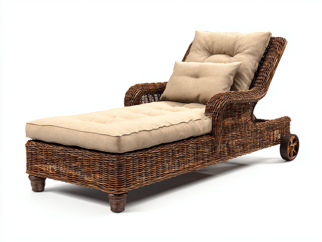 Tumbonas de ratán 200 x 78 x 98 cm - marrón oscuro y beige - con ruedas y superficie acolchada de estilo rústico