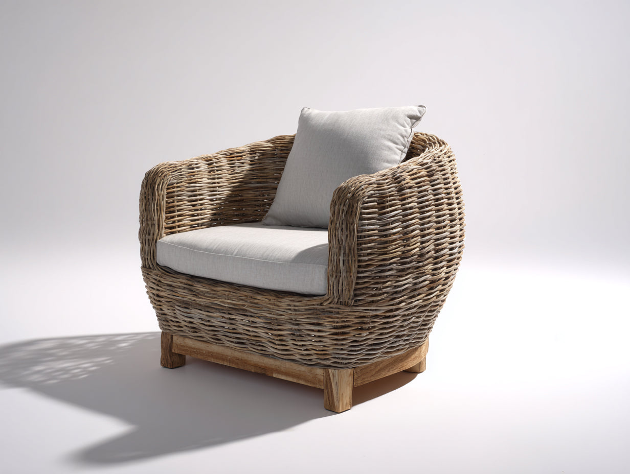 Sillón de ratán tejido 82 x 86 x 84 cm - natural y marrón - diseño envolvente con base de madera para salón y terraza cubierta