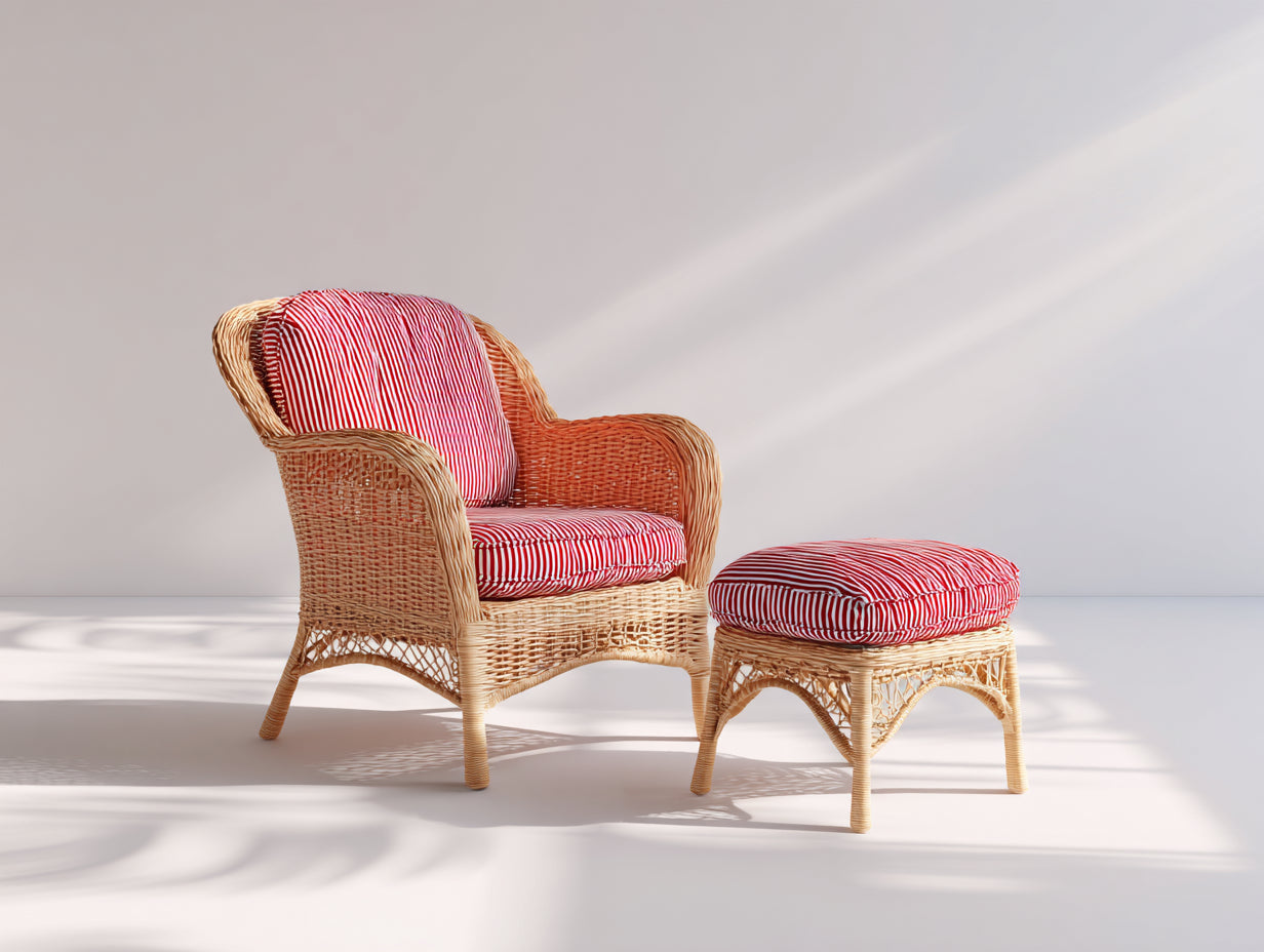 Sillones de ratán 78 x 82 x 92 cm - natural rojo y blanco - con reposapiés y cojines de estilo clásico
