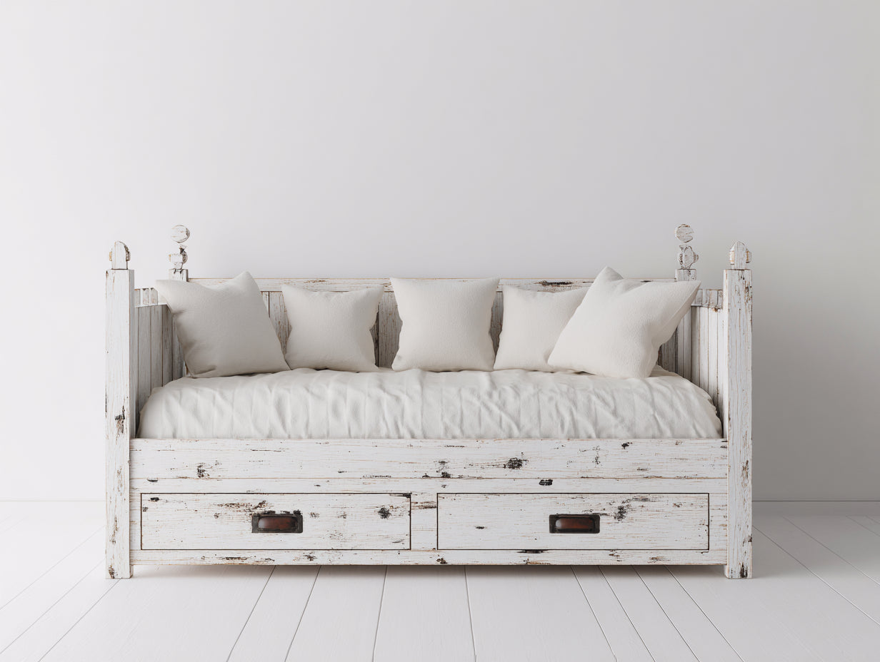 Sofás cama de madera 200 x 95 x 90 cm - blanco envejecido y marrón oscuro - con dos cajones y estilo rústico para dormitorio y sala de estar