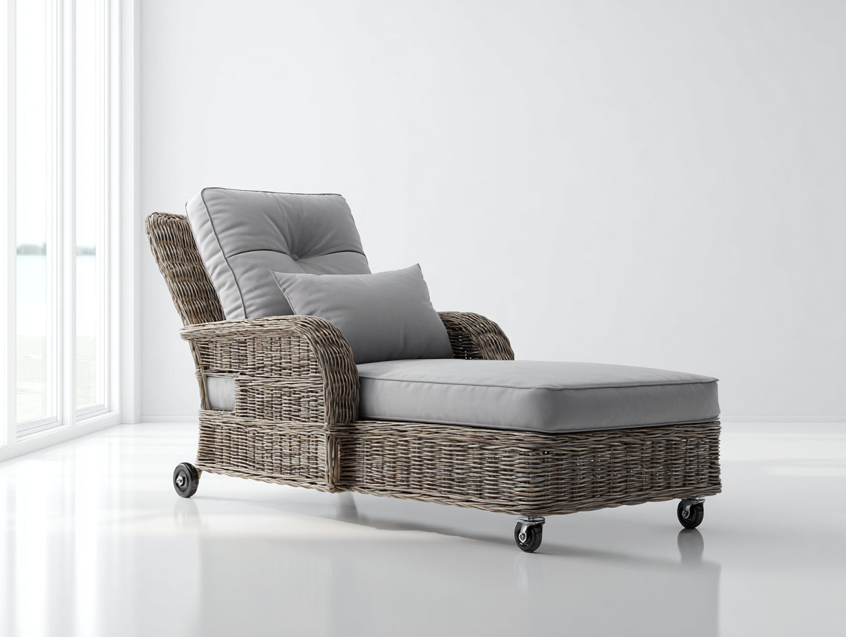 Tumbonas de ratán trenzado 194 x 86 x 96 cm - Marrón y gris - Con ruedas integradas - Diseño clásico