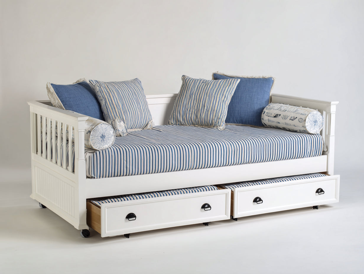 Sofás cama de madera 200 x 95 x 92 cm - blanco y azul - con 2 cajones extraíbles