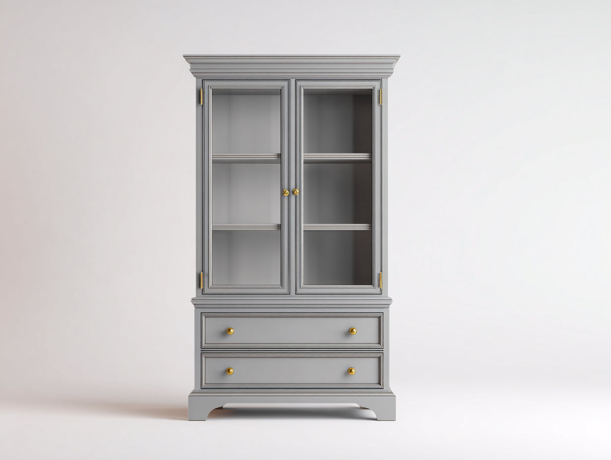 Vitrina de madera y vidrio 100 x 45 x 190 cm - Gris - 2 puertas y 2 cajones - Estilo clásico