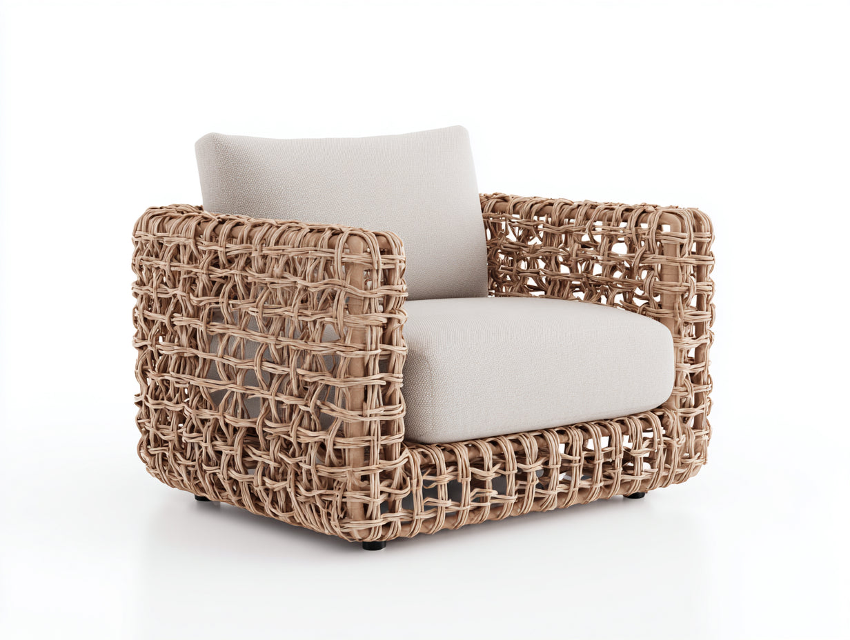 Sillones de ratán tapizados 92 x 88 x 78 cm - natural y beige - diseño envolvente de tejido abierto