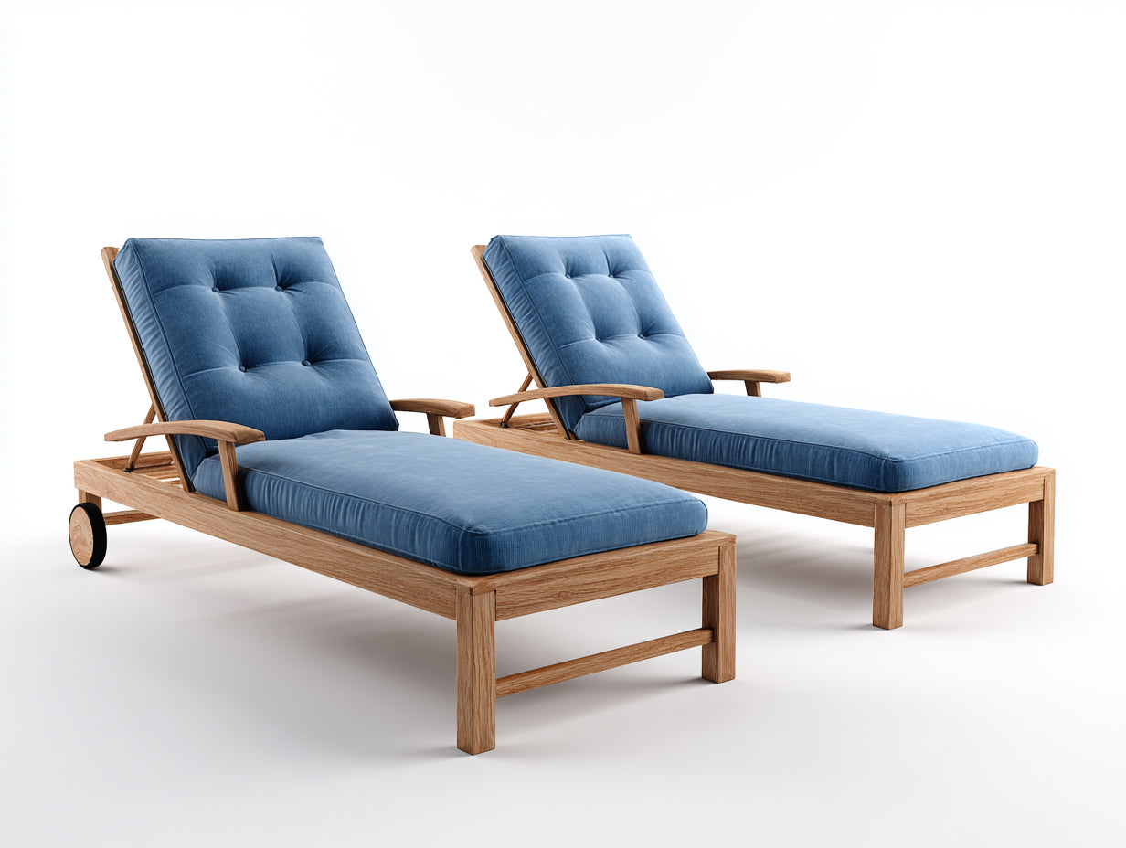 Tumbonas de madera 200 x 72 x 88 cm - natural y azul - conjunto de 2 con respaldos reclinables y ruedas