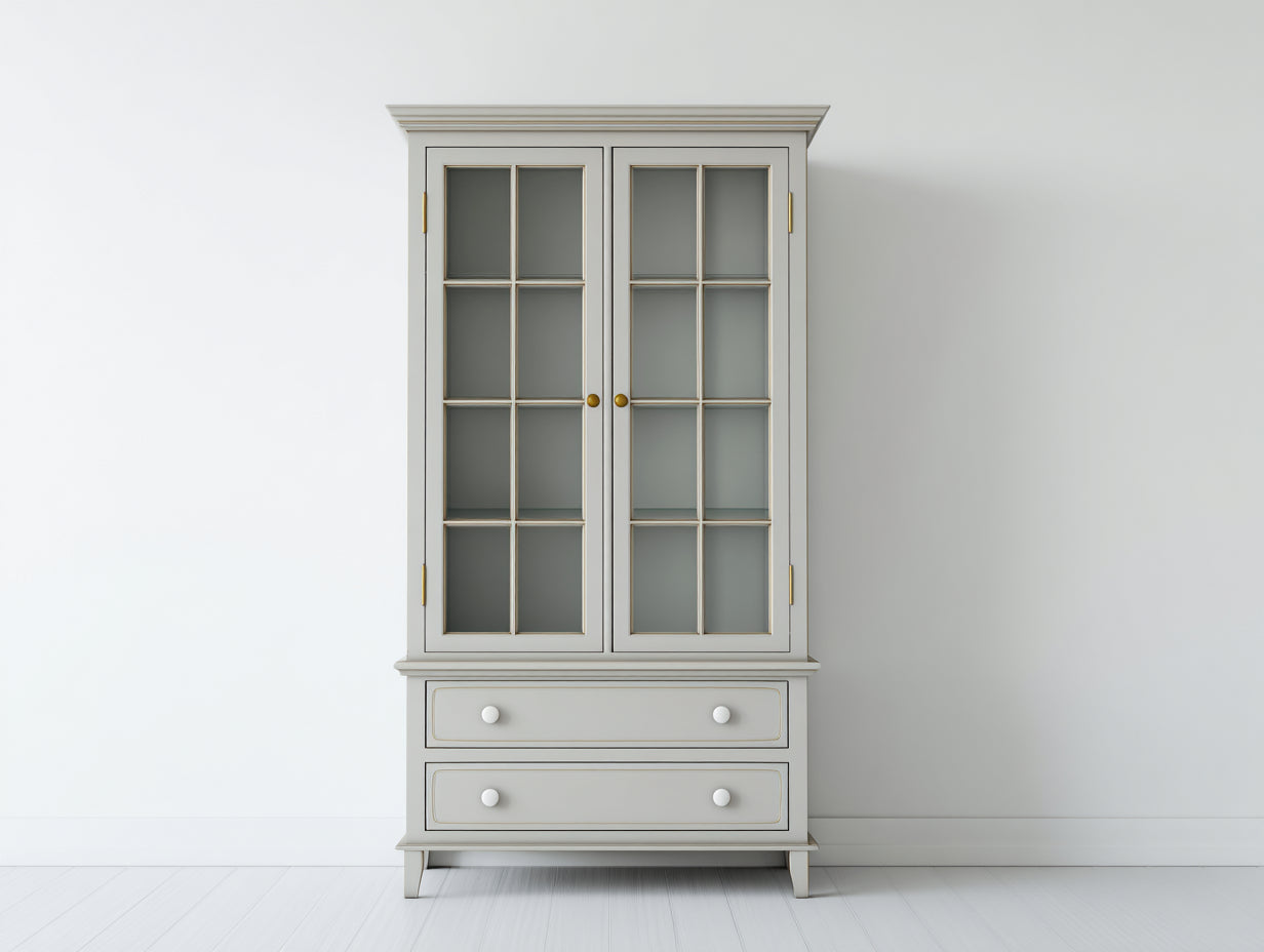 Vitrina de madera y vidrio 90 x 40 x 190 cm - gris claro - dos puertas y dos cajones para salón y comedor