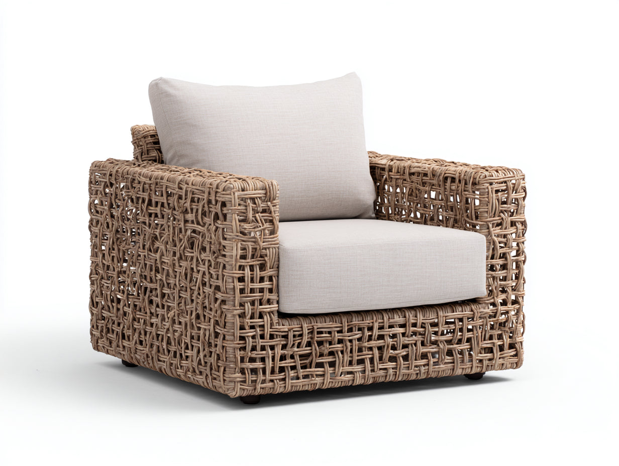Sillón de ratán trenzado 88 x 86 x 80 cm - natural - diseño cúbico envolvente para salón y terraza cubierta