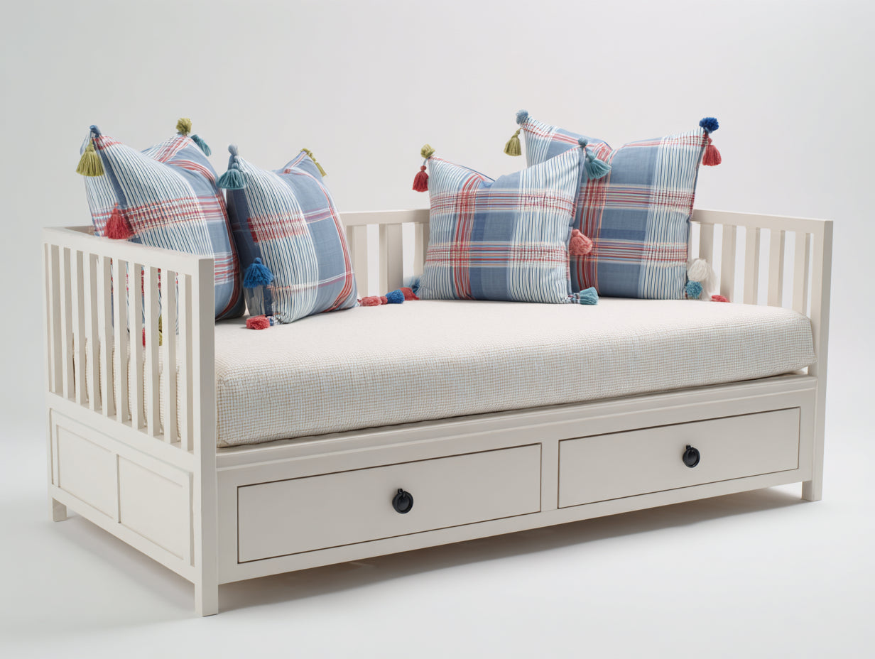 Sofás cama de madera 200 x 90 x 85 cm - blanco roto y negro - con dos cajones y diseño funcional para dormitorio y sala de estar