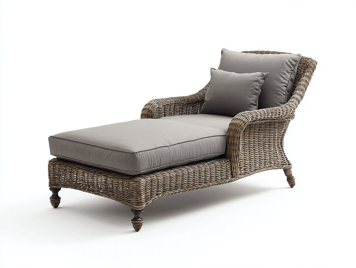 Tumbona de ratán con respaldo inclinado 190 x 82 x 98 cm - natural y gris - diseño envolvente para jardín y terraza cubierta
